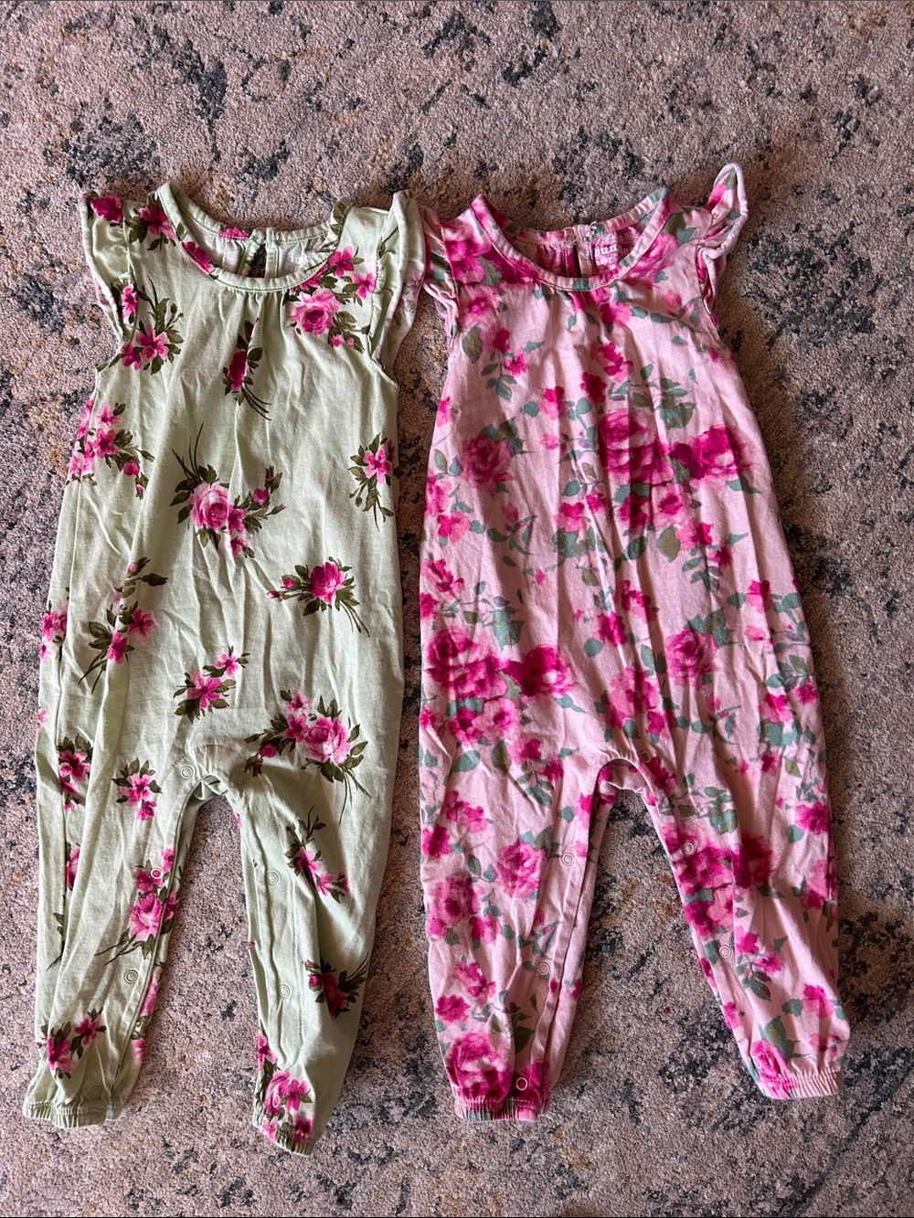 Girls Floral Flutter-Sleeve Romper in Pink and Light Green